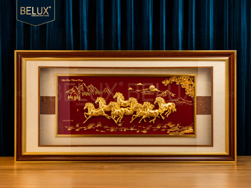 Tranh Ngựa Bát Mã Cát Tường dát vàng 24k 130x66cm